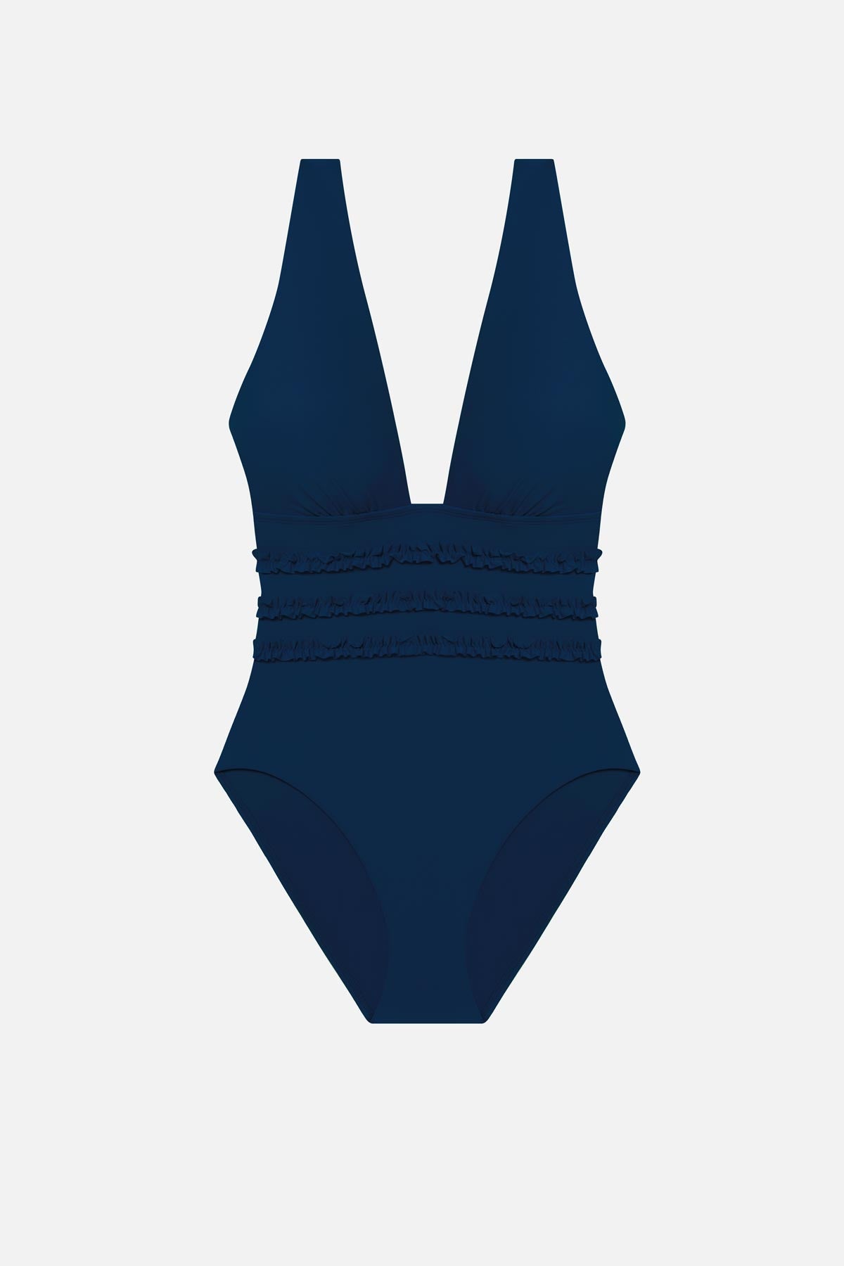 Dark blue one-piece swimsuit with ruffles on the waist