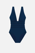 Dark blue one-piece swimsuit with ruffles on the waist