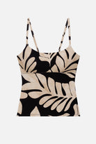 Large tan and black leaf printed tankini top