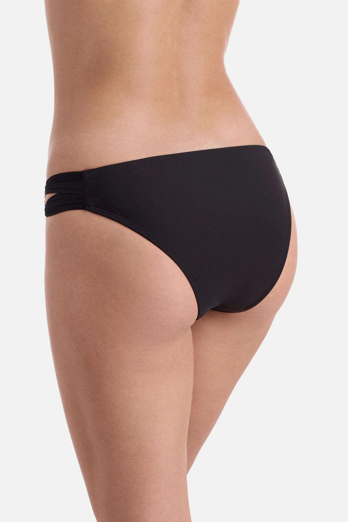 Back view of side cut out black swim bottoms